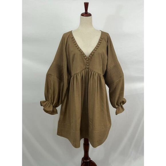 MOODSTORIES OS S M L Brown Tan Long Puff Balloon Sleeve Dress Fall - Picture 7 of 9